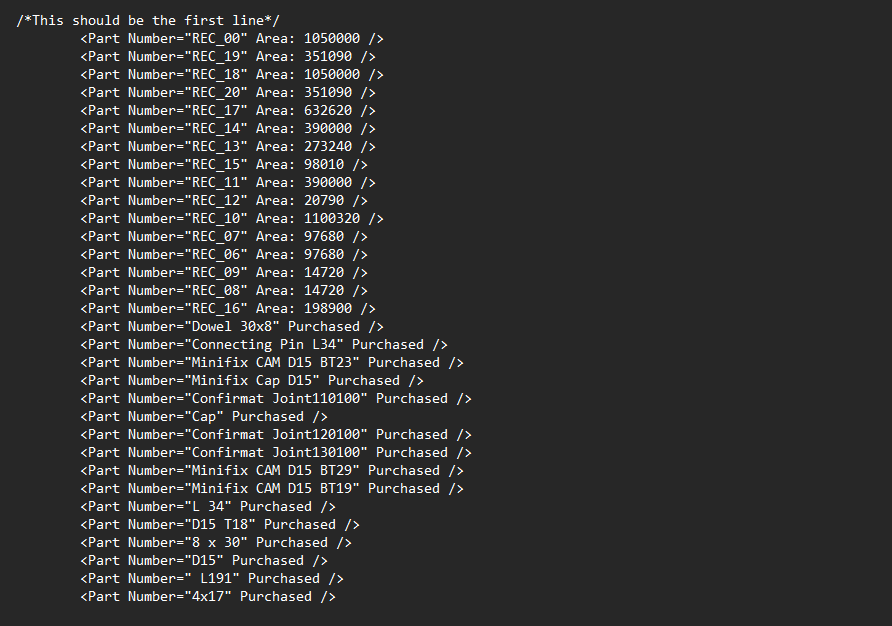 BOM Report genereated using JS snippet